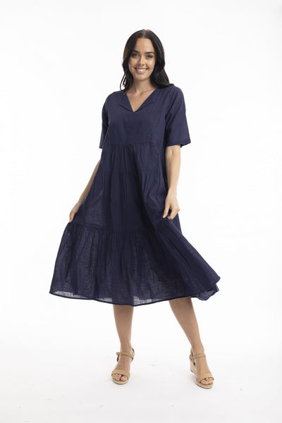 Essentials Cotton Slub Layered Midi Dress - Navy