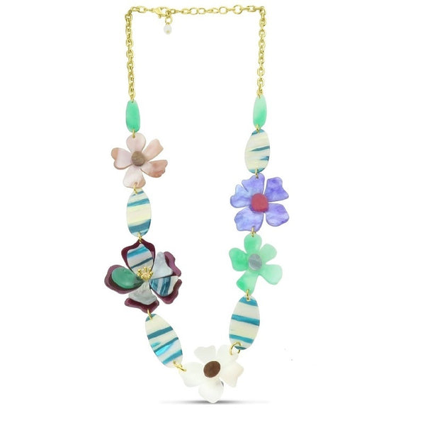 Multi Flower Resin Necklace - Blue/Green