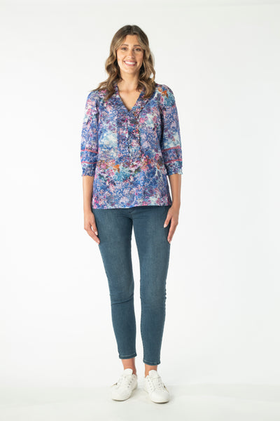 Ruched Front Top - Blue Floral