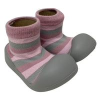 Rubber Soled Socks - Pink/Grey Stripe