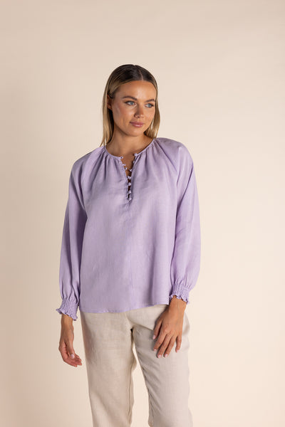 Linen Button Front Top - Lilac