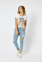 High-rise denim jeans with applique patches for women