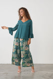 V-Neck Ruffle Sleeve Blouse - Green